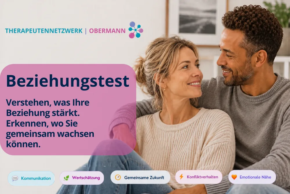 Beziehungstest des Therapeutennetzwerk Obermann: ein glückliches Paar. Wissenschaftlich orientierter Selbsttest zu Kommunikation, Wertschätzung, gemeinsamer Zukunft, Konfliktverhalten und emotionaler Nähe.